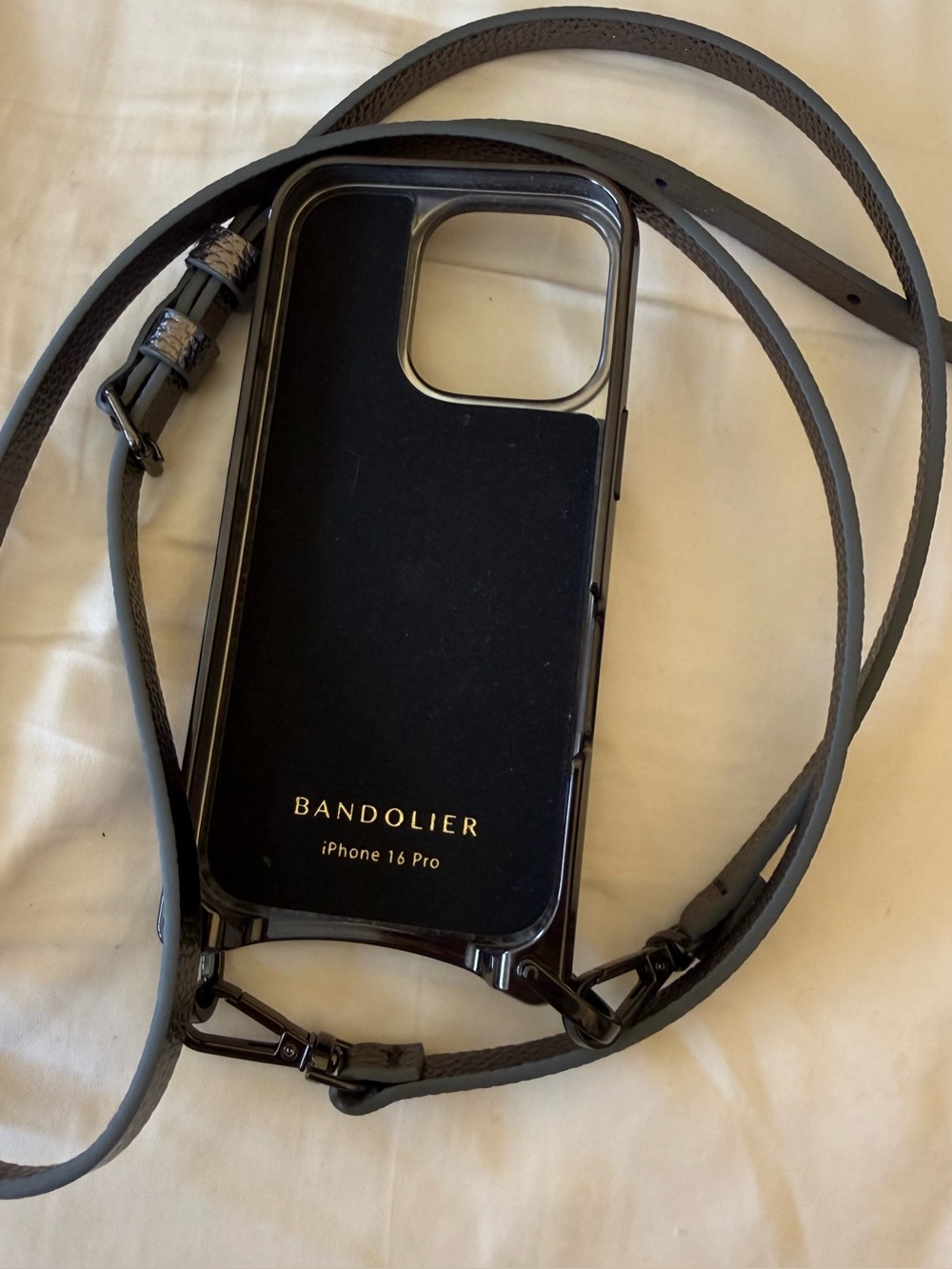 Bandolier Metallic Gray Leather Crossbody Phone Case with Gold Logo Accent - Picture 2 of 7